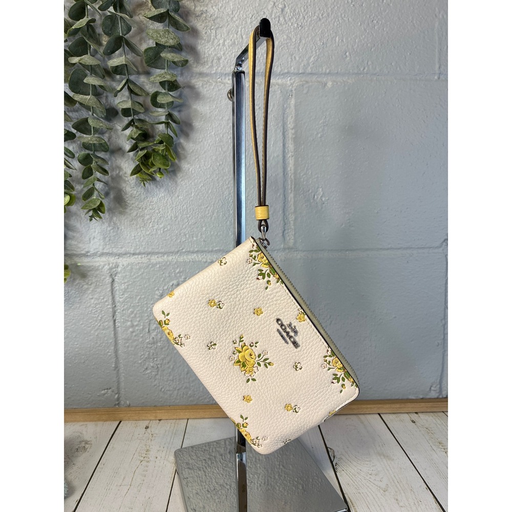 Coach White Yellow Floral Pebbled Leather Small Wristlet Zip Wallet